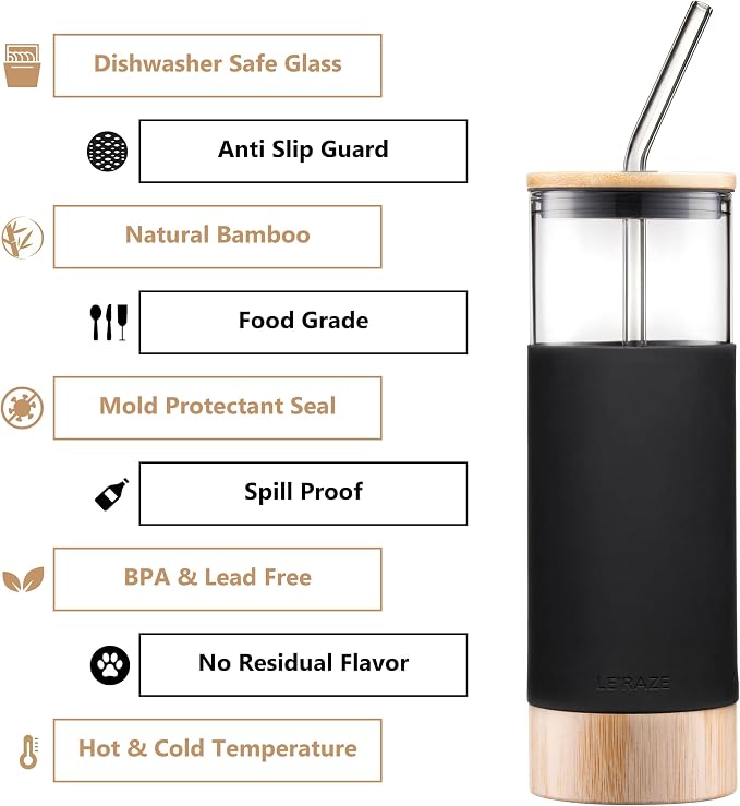 Le'raze Premium 20oz Glass Tumbler Cup Straw Bamboo Lid Base Protective - Image 3
