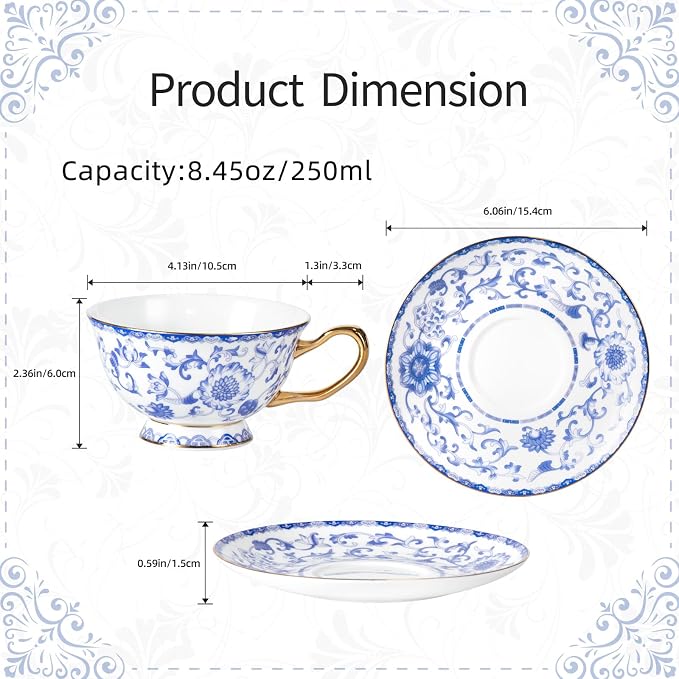 KAMMAK Tea Cups and Saucers Set of 2, Porcelain Coffee Cups, JBE023 | Stackable - Image 2