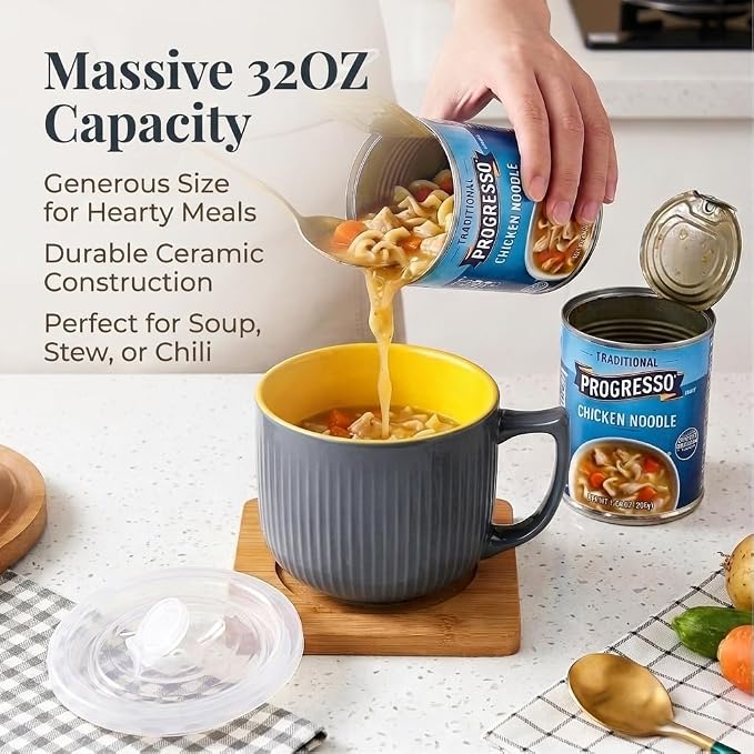 Ceramic Soup Bowl with Handle & Lid, Large 32oz Microwave Ramen Bowl Gray | - Image 4