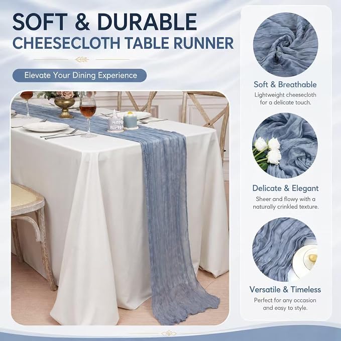2 Pack Dusty Blue Cheesecloth Table Runner 17x108 Inch Boho Rustic Semi Sheer - Image 4