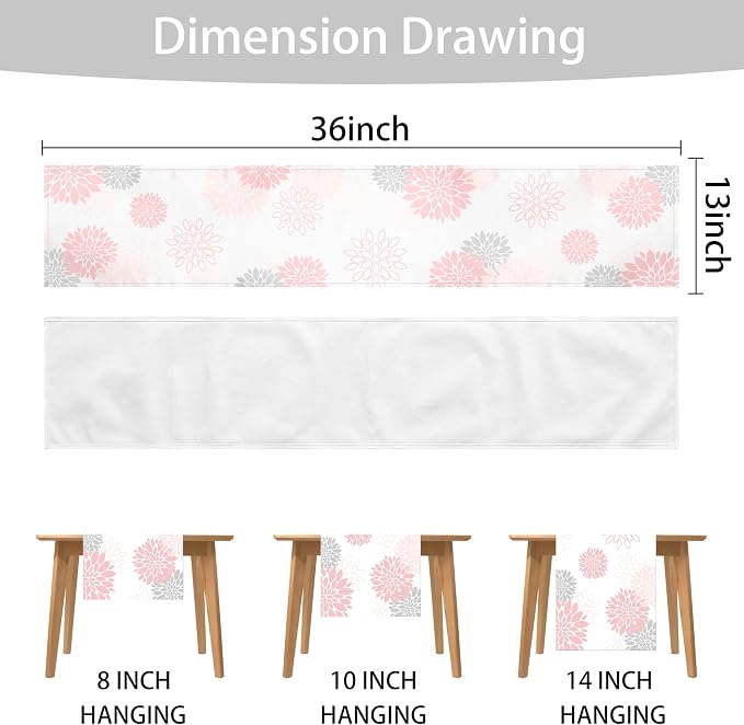Dahlia Flower Table Runner 13x71 Inch Farmhouse Pink Gray Runners Modern Table - Image 6