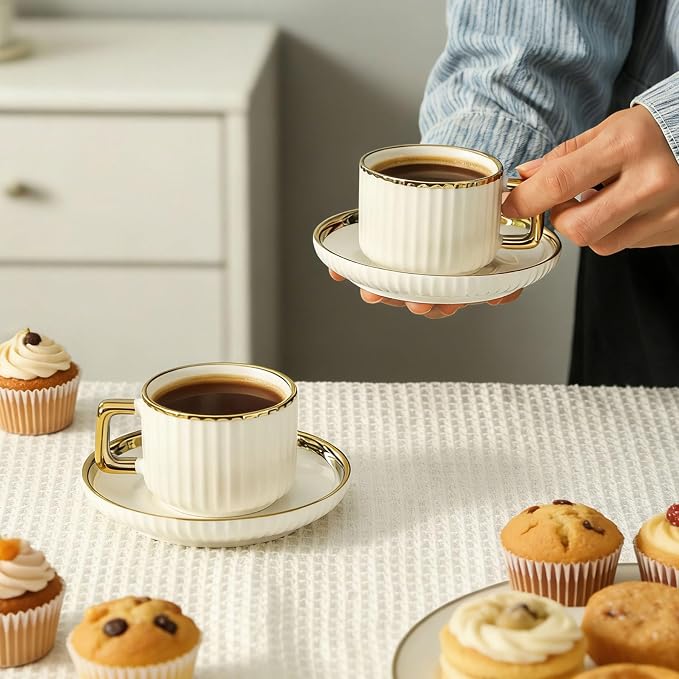 LETAOTAO Espresso Cups Set of 4, 3oz Espresso Cups and Saucers | Ceramic Coffee - Image 6
