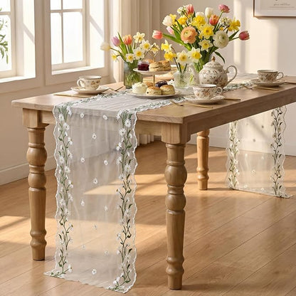 Artoid Mode Daisy Floral Milky White Shaped Gauze Embroidery Table Runner 120 - Image 4