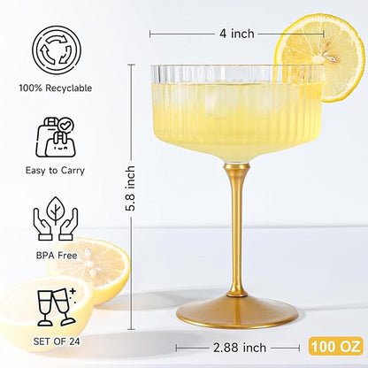 XUWAIDSGN 100 Pcs Champagne Martini Glasses 9 Oz with Gilded Removable Gold Rim Coupe Glasses Pink Martini Glasses Plastic Mimosa Vintage Coupe Glasses Set For Wedding Anniversary (100, Ribbed Gold)