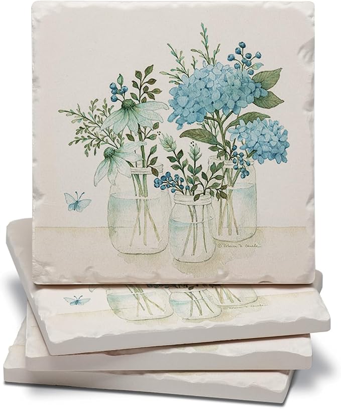 Thirstystone Mason Jar Florals 4 Pack Absorbent Tumbled Tile Stone Coasters | by CounterArt