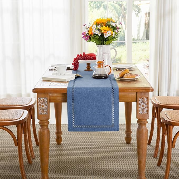 Rustic Burlap Table Runner, Machine Washable, Thick Textured Lattice Cutwork - Image 4