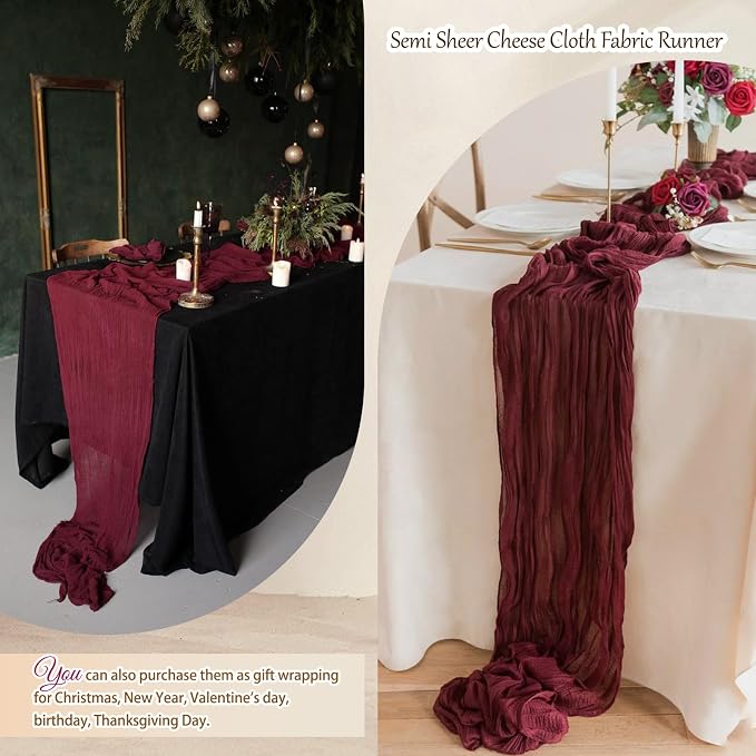 4 Pcs Burgundy Christmas Cheesecloth Table Runner 10Ft, Gauze Table Runners - Image 6