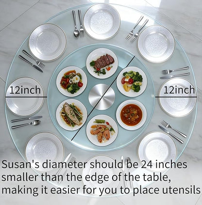 24" Glass Lazy Susan for Dining Table, Glass Turntable Table Centerpiece with 6 Rotating Wheels, 360° Smooth and Silent Spin Tabletop Rotating Tray, for Family Gatherings, Banquets, Weddings, 61 cm