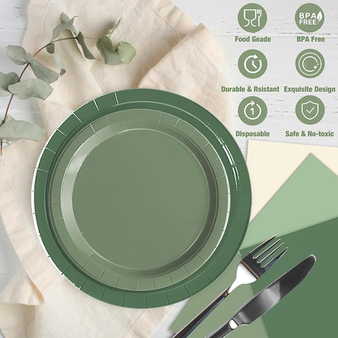 Oigco 60 PCS Sage Green Paper Plates, Sage Green Birthday Decorations, Gradient - Image 4