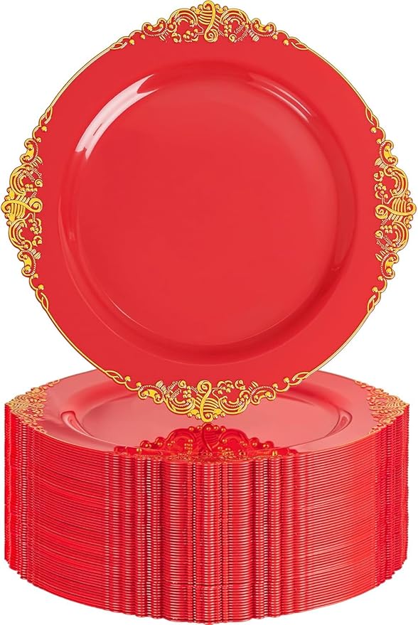 Nervure 100Pcs 10.25'' Red Plastic Plates, Heavy Duty Disposable Plates by Nervure