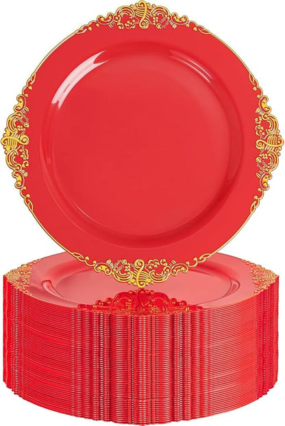Nervure 100Pcs 10.25'' Red Plastic Plates, Heavy Duty Disposable Plates by Nervure
