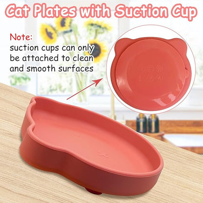 Silicone Cat Food Bowl Suction Cup Cat Dish 7" Shallow Cats Food & Water Bowls Set of 2 Non-Slip Kitty Plates Relief Whisker Fatigue Puppy Feeding Bowl for Dry & Wet Food (Red)