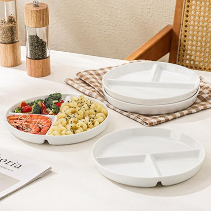Ceramic Divided Plates Set of 4Pcs, large, White, Portion Control Plate, Reusable Bariatric Plate for Kids Adults, 3 Compartment Plates
