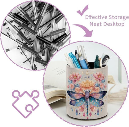 Leather Pen Holder for Desk, Dragonfly Pencil Cup Pen Organizer Makeup Brush - Image 4