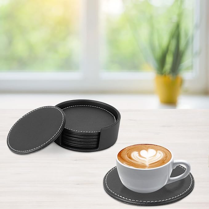 Durable Round Black Leather Coaster - Image 3