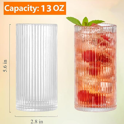 Ribbed Glassware Vintage Drinking Glasses 6Pcs -13OZ Clear Ribbed Drinking - Image 5