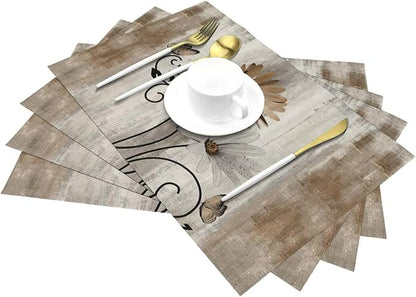 Floral Place mats Set of 4, 12x18 Inches Rustic Brown Daisy Flower Decorative Placemats Rectangle Floral Table Mats for Party Home Kitchen Dining Table Decoration