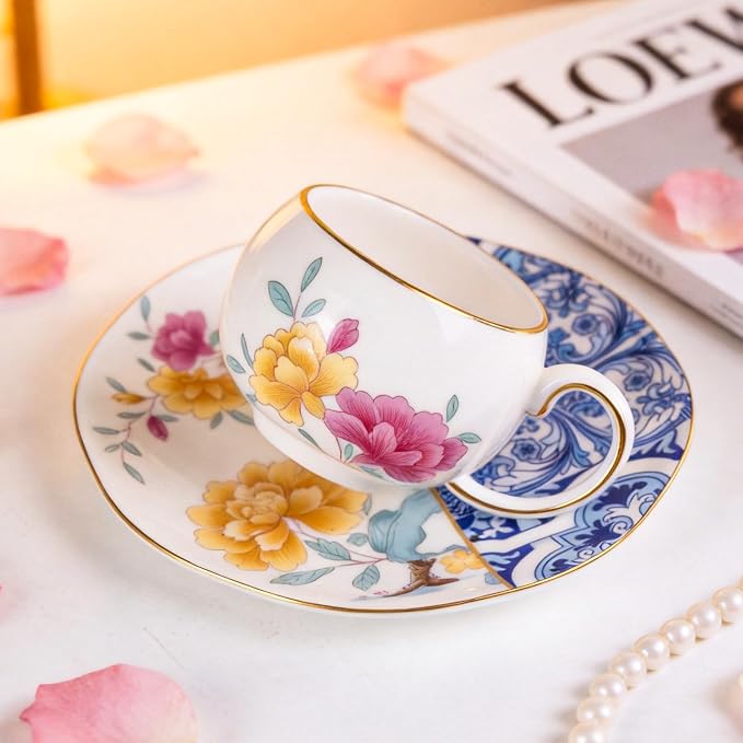 KAMMAK Tea Cups and Saucers Set of 2, Fine Bone China Coffee Cups, GH015 | - Image 5