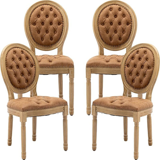 Vintage French Dining Chairs Set of 4, Round Back PU Leather Upholstered Accent Chairs with Nailhead Trim and Solid Wood Frame, Farmhouse Sillas de Comedor for Dining Room & Kitchen, Whiskey Brown