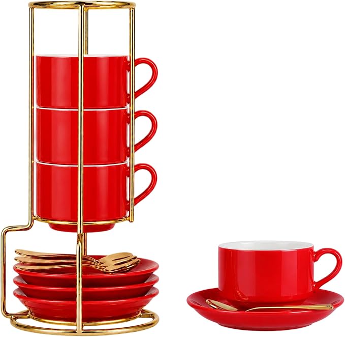 3 Ounce Espresso Cups Set of 4, Includes Display Stand, Coffee Cups Saucers by Renewrevital