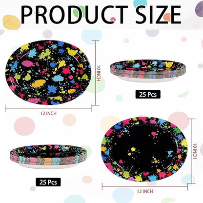 Grencian 50Pcs Neon Party Supplies 10" X 12" Large Heavy Duty Neon Glow Oval Paper Plates Colorful Graffiti Birthday Decorations for Baby Shower Birthday Glow in the Dark Theme Parties