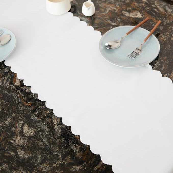 Solid White Farmhouse Scalloped Table Runner 13 x 72 Inchs | Washable Polyester - Image 4