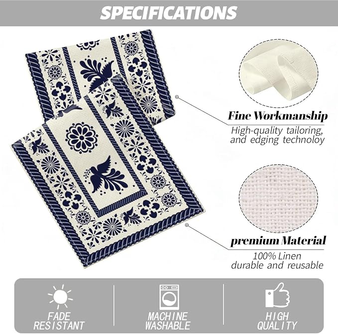 Blue Birds Flowers Mexican Table Runner Spring Floral Decor | Blue Patchwork - Image 2