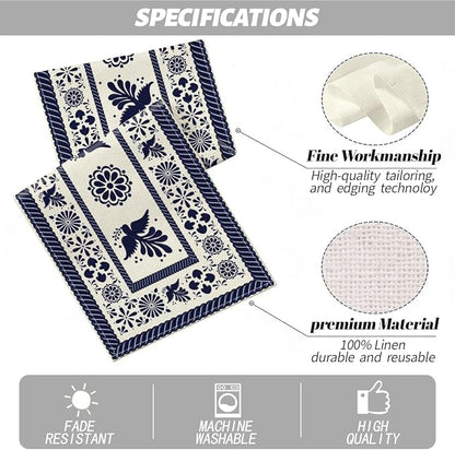 Blue Birds Flowers Mexican Table Runner Spring Floral Decor | Blue Patchwork - Image 2