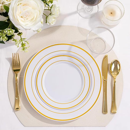 WELLIFE 450 PCS Gold Disposable Dinnerware Set for 75 Guests, 75 Each-Dinner & Salad Plates,Cups, Forks, Knives, Spoons for Wedding and Party Supplies