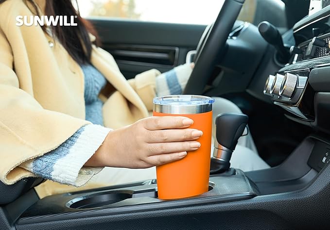 SUNWILL Travel Coffee Tumbler 20 oz, Insulated Mug with Lid, Stainless Steel Cup for Hot and Cold Drinks, Powder Coated Orange
