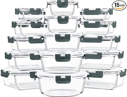 Skroam 15 Pack Glass Food Storage Containers with Lids Airtight, Glass Meal Prep Containers, Lunch Containers with Lids for Microwave, Oven, Freezer and Dishwasher Safe