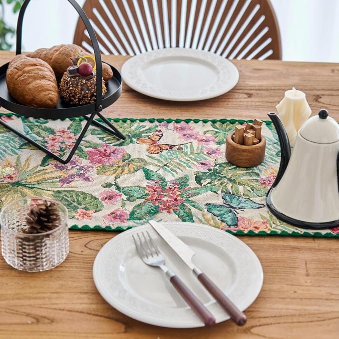 Monstera Botanical Floral Table Runner Green 12 x 71 Inch | Tropical Butterfly - Image 4