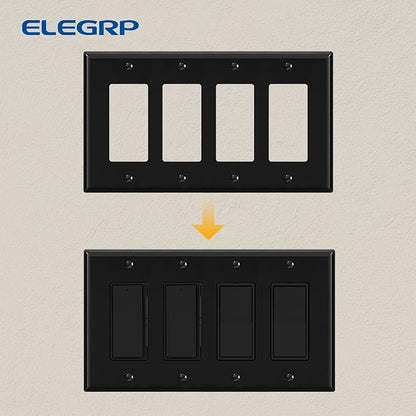 ELEGRP 4-Gang Decorative Wall Plates, Standard Size Unbreakable Thermoplastic Faceplate Cover for Decorator Receptacle Outlet Switch, UL Listed (2 Pack, Glossy Black)