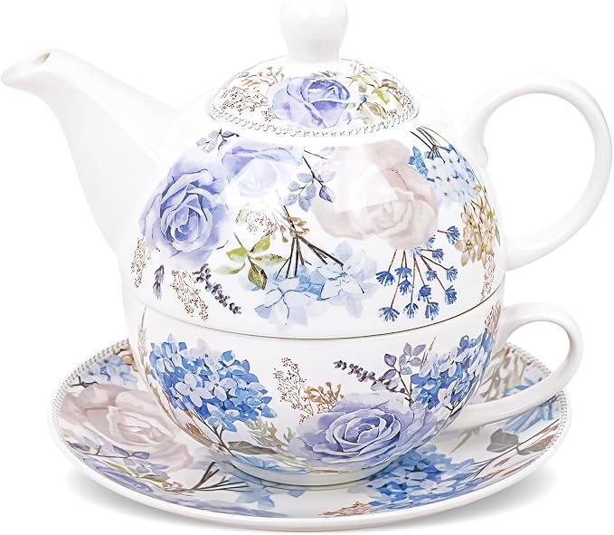 fanquare Blue and Purple Roses and Hydrangeas Porcelain Tea by fanquare