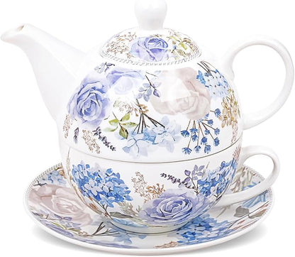fanquare Blue and Purple Roses and Hydrangeas Porcelain Tea by fanquare