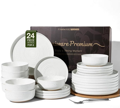 Stoneware Dinnerware Set for 8, Plates and Bowls, Chip & Scratch Resistant by FamiwarePremium