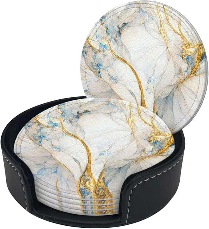 6 Pcs Abstract Luxury Blue Gold White Colors Marble Leather Coasters - Image 3