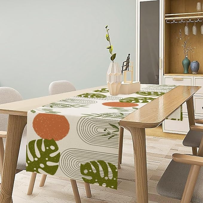 YCness Mid Century Green Boho Table Runner Summer Abstract Modern Palm Tree - Image 3