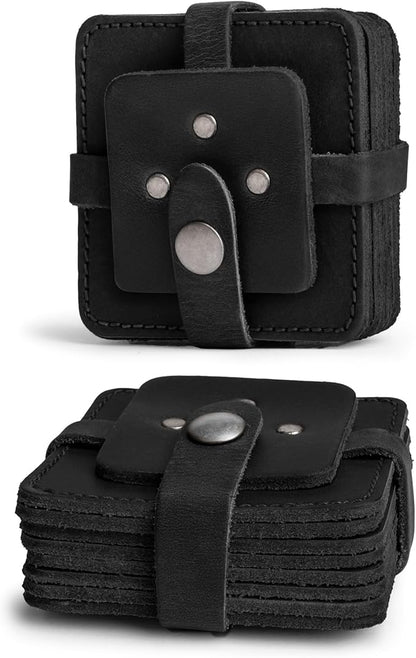 Hide & Drink Leather Coasters Set of 8, Premium Leather Table Protection for Drinks, Elegant Accessory for Home/Office, Protects Surfaces, Bourbon Table Coasters, Bar, Western (Charcoal Black)