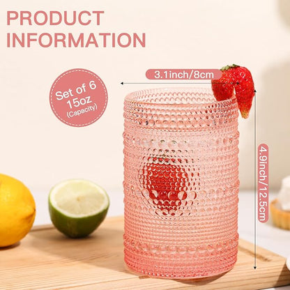 JOVGANK Pink Vintage Hobnail Drinking Glasses Set of 6, Water Tumbler 15oz - Image 2