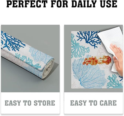 Giwawa Ocean Coral Placemats Set of 4 Summer Blue White Coral Reef Linen Table Place Mat Nautical Sea Marine Seaweed Heat-Resistant Place Mats for Dining Kitchen 12"x18"