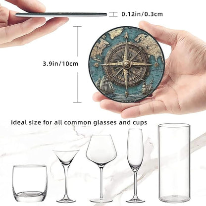 Nautical Compass Coasters for Drinks with Holder Round Leather Coasters Set of 6 Cups Mugs Mat Pad for Home Kitchen Bar