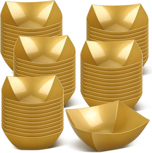 Tanlade 50 Pcs Square Plastic Serving Bowls Disposable Snack Salad Bowl Small Party Candy Bar Containers Taco Bar Serving Dishes for Buffet Chips Fruit(4 oz,Gold)