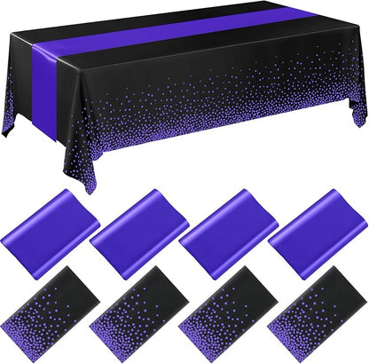 8 Pack Black and Purple Disposable Plastic Tablecloths and Satin Table Runner by Breling