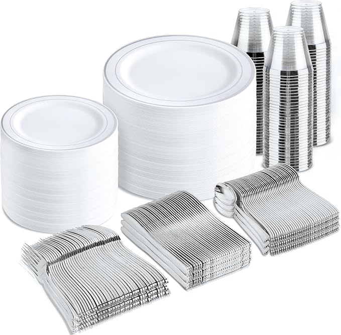 bUCLA 600pcs Silver Plastic Dinnerware Set by BUCLA