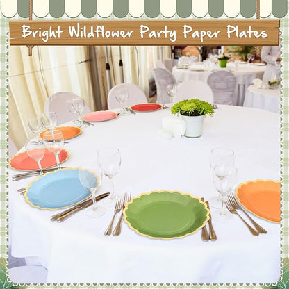 96 Pcs Fall Wildflower Color Paper Plates 9 Inch Colorful Boho Scalloped Paper Disposable Dinner Dessert Plates for Autumn Thanksgiving Birthday Wedding Bridal Party Supplies, 6 Colors