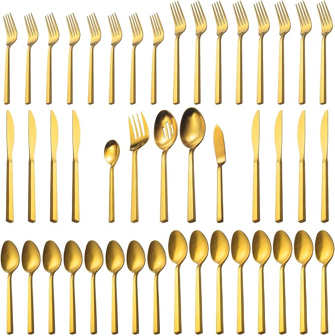 Alata Cube Gold 45-Piece Flatware Set, Forged Cutlery Set, Matte Gold by Alata