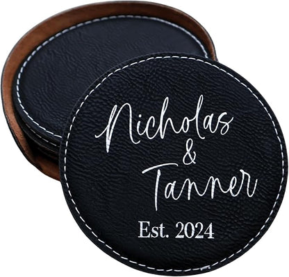 Custom Round Engraved Coasters, Personalized Leather Coaster, Laser Engraved by Obsidian+Home+Creations
