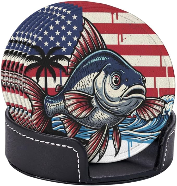 Patriotic Us Flag Fish Leather Coasters Set of 6 - Image 2