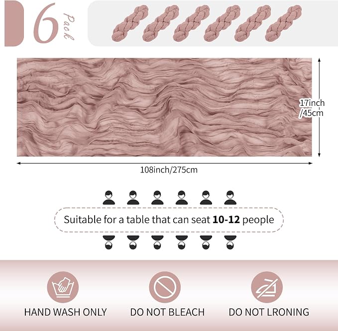 6 Pack Dusty Pink Cheesecloth Table Runner 17x108 Inch Semi Sheer Boho Gauze - Image 2